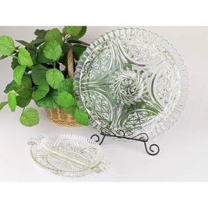 Vtg Clear Glass Serving Platter Set Anchor Hocking Stars & Bars Pressed Glass
